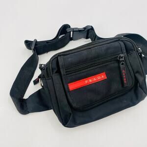 Prada black nylon vintage red tab crossbody fanny pack